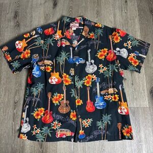 RJC Men's 2XL Hawaiian Shirt Black Classic Cars Surf Floral Guitars Rock Palm